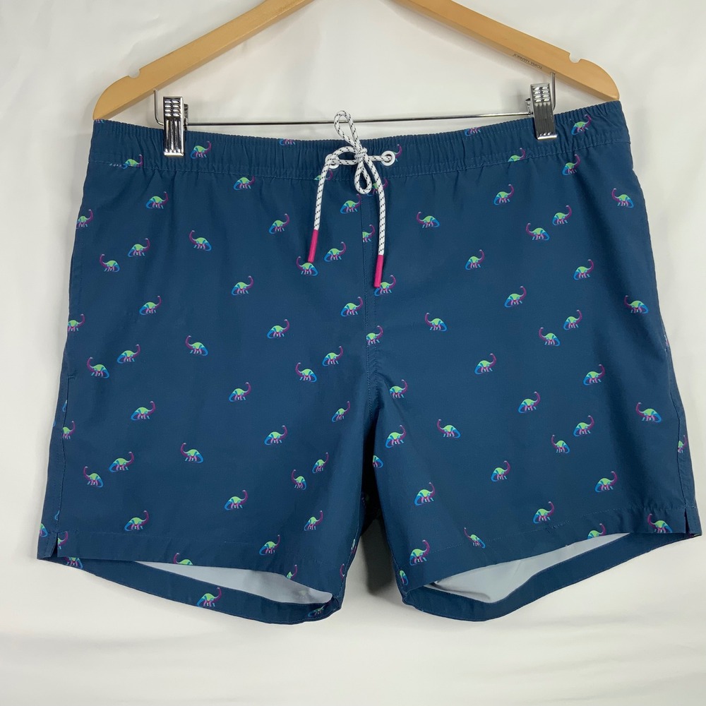 Bonobos Riviera Swim Trunks Mens Medium 5 Inch Inseam Navy Blue Dinosaur Print